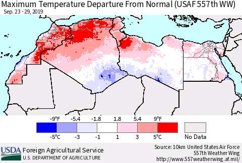 North Africa Mean Maximum Temperature Departure from Normal (USAF 557th WW) Thematic Map For 9/23/2019 - 9/29/2019