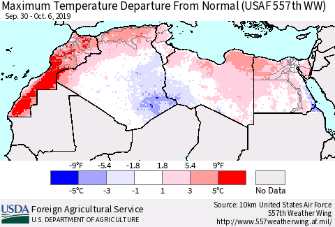 North Africa Mean Maximum Temperature Departure from Normal (USAF 557th WW) Thematic Map For 9/30/2019 - 10/6/2019