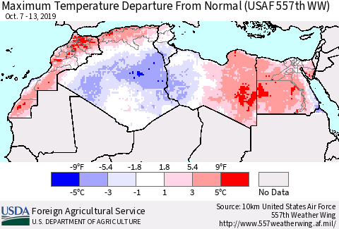 North Africa Mean Maximum Temperature Departure from Normal (USAF 557th WW) Thematic Map For 10/7/2019 - 10/13/2019