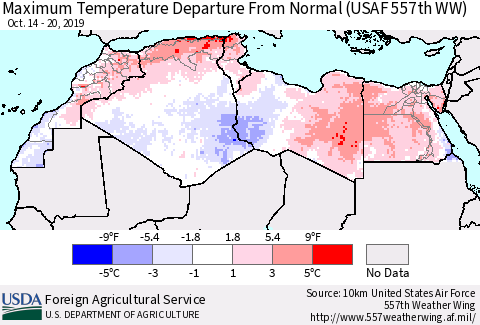 North Africa Mean Maximum Temperature Departure from Normal (USAF 557th WW) Thematic Map For 10/14/2019 - 10/20/2019