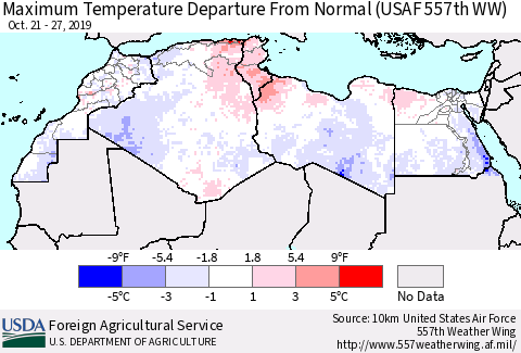 North Africa Mean Maximum Temperature Departure from Normal (USAF 557th WW) Thematic Map For 10/21/2019 - 10/27/2019