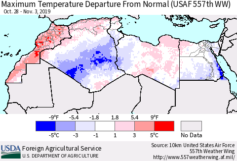 North Africa Mean Maximum Temperature Departure from Normal (USAF 557th WW) Thematic Map For 10/28/2019 - 11/3/2019