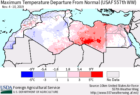 North Africa Mean Maximum Temperature Departure from Normal (USAF 557th WW) Thematic Map For 11/4/2019 - 11/10/2019