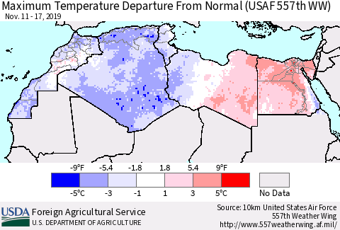 North Africa Mean Maximum Temperature Departure from Normal (USAF 557th WW) Thematic Map For 11/11/2019 - 11/17/2019