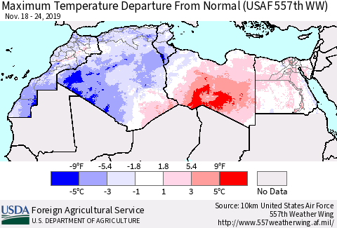 North Africa Mean Maximum Temperature Departure from Normal (USAF 557th WW) Thematic Map For 11/18/2019 - 11/24/2019