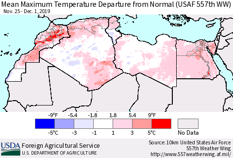 North Africa Mean Maximum Temperature Departure from Normal (USAF 557th WW) Thematic Map For 11/25/2019 - 12/1/2019