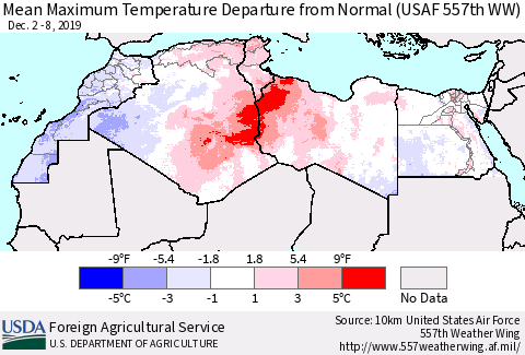 North Africa Mean Maximum Temperature Departure from Normal (USAF 557th WW) Thematic Map For 12/2/2019 - 12/8/2019