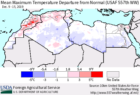 North Africa Mean Maximum Temperature Departure from Normal (USAF 557th WW) Thematic Map For 12/9/2019 - 12/15/2019
