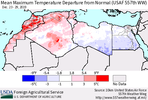 North Africa Mean Maximum Temperature Departure from Normal (USAF 557th WW) Thematic Map For 12/23/2019 - 12/29/2019
