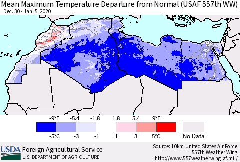 North Africa Mean Maximum Temperature Departure from Normal (USAF 557th WW) Thematic Map For 12/30/2019 - 1/5/2020