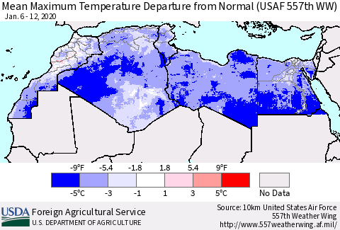 North Africa Mean Maximum Temperature Departure from Normal (USAF 557th WW) Thematic Map For 1/6/2020 - 1/12/2020