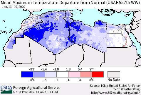 North Africa Mean Maximum Temperature Departure from Normal (USAF 557th WW) Thematic Map For 1/13/2020 - 1/19/2020