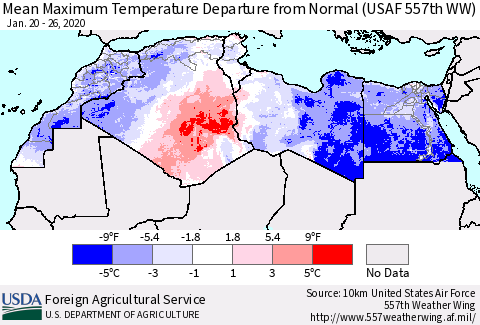 North Africa Mean Maximum Temperature Departure from Normal (USAF 557th WW) Thematic Map For 1/20/2020 - 1/26/2020