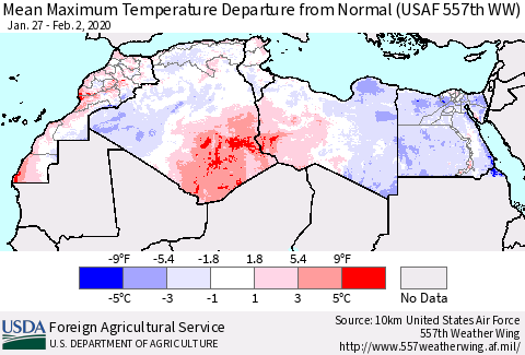 North Africa Mean Maximum Temperature Departure from Normal (USAF 557th WW) Thematic Map For 1/27/2020 - 2/2/2020