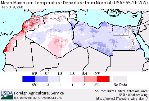 North Africa Mean Maximum Temperature Departure from Normal (USAF 557th WW) Thematic Map For 2/3/2020 - 2/9/2020