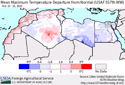North Africa Mean Maximum Temperature Departure from Normal (USAF 557th WW) Thematic Map For 2/10/2020 - 2/16/2020