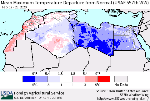 North Africa Mean Maximum Temperature Departure from Normal (USAF 557th WW) Thematic Map For 2/17/2020 - 2/23/2020