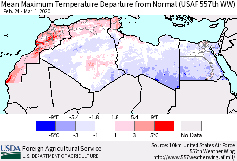 North Africa Mean Maximum Temperature Departure from Normal (USAF 557th WW) Thematic Map For 2/24/2020 - 3/1/2020