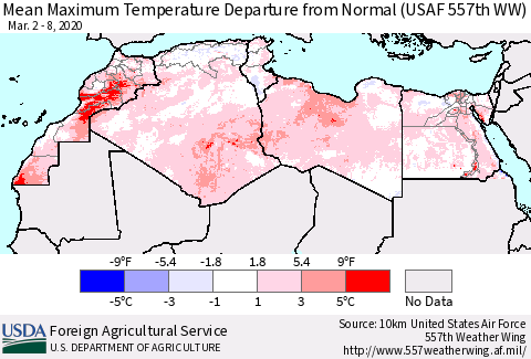 North Africa Mean Maximum Temperature Departure from Normal (USAF 557th WW) Thematic Map For 3/2/2020 - 3/8/2020