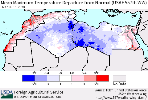 North Africa Mean Maximum Temperature Departure from Normal (USAF 557th WW) Thematic Map For 3/9/2020 - 3/15/2020