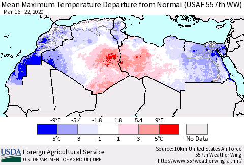 North Africa Mean Maximum Temperature Departure from Normal (USAF 557th WW) Thematic Map For 3/16/2020 - 3/22/2020