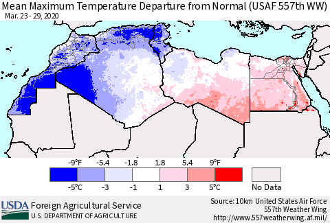North Africa Mean Maximum Temperature Departure from Normal (USAF 557th WW) Thematic Map For 3/23/2020 - 3/29/2020