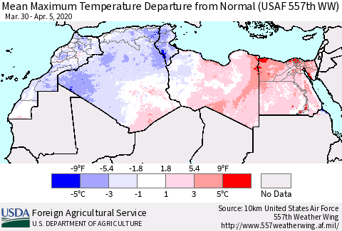 North Africa Mean Maximum Temperature Departure from Normal (USAF 557th WW) Thematic Map For 3/30/2020 - 4/5/2020