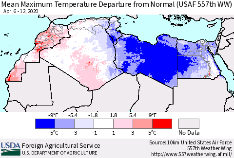 North Africa Mean Maximum Temperature Departure from Normal (USAF 557th WW) Thematic Map For 4/6/2020 - 4/12/2020