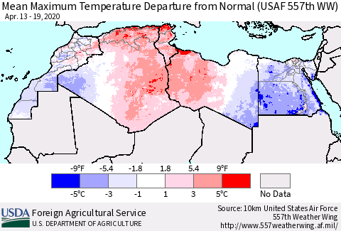 North Africa Mean Maximum Temperature Departure from Normal (USAF 557th WW) Thematic Map For 4/13/2020 - 4/19/2020