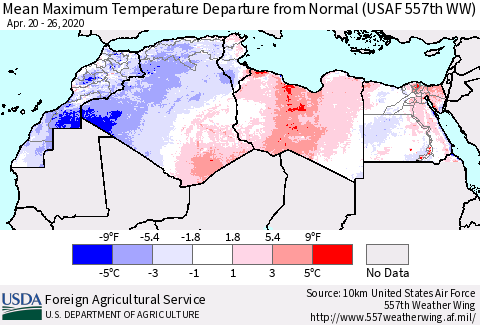 North Africa Mean Maximum Temperature Departure from Normal (USAF 557th WW) Thematic Map For 4/20/2020 - 4/26/2020