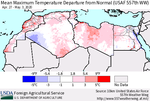 North Africa Mean Maximum Temperature Departure from Normal (USAF 557th WW) Thematic Map For 4/27/2020 - 5/3/2020