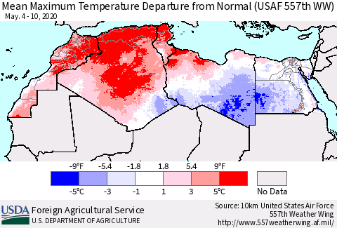North Africa Mean Maximum Temperature Departure from Normal (USAF 557th WW) Thematic Map For 5/4/2020 - 5/10/2020