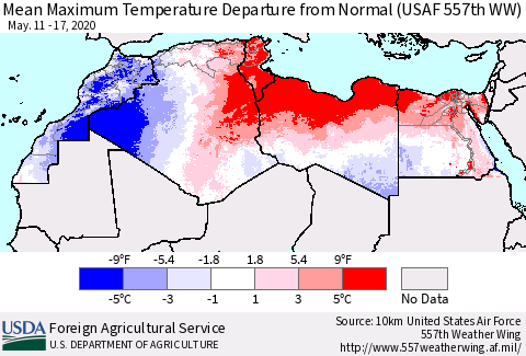 North Africa Mean Maximum Temperature Departure from Normal (USAF 557th WW) Thematic Map For 5/11/2020 - 5/17/2020
