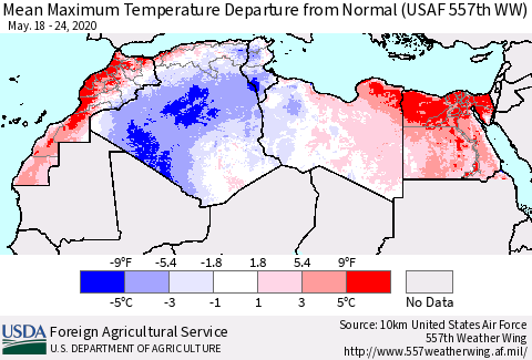 North Africa Mean Maximum Temperature Departure from Normal (USAF 557th WW) Thematic Map For 5/18/2020 - 5/24/2020