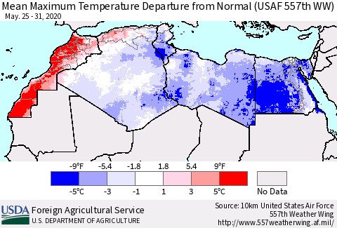 North Africa Mean Maximum Temperature Departure from Normal (USAF 557th WW) Thematic Map For 5/25/2020 - 5/31/2020
