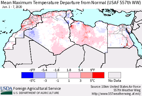 North Africa Mean Maximum Temperature Departure from Normal (USAF 557th WW) Thematic Map For 6/1/2020 - 6/7/2020