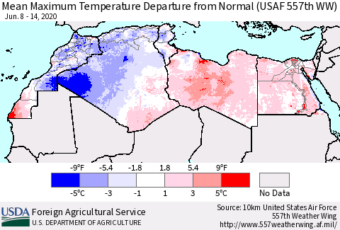 North Africa Mean Maximum Temperature Departure from Normal (USAF 557th WW) Thematic Map For 6/8/2020 - 6/14/2020