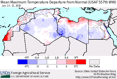 North Africa Mean Maximum Temperature Departure from Normal (USAF 557th WW) Thematic Map For 6/15/2020 - 6/21/2020