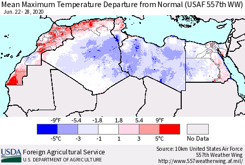 North Africa Mean Maximum Temperature Departure from Normal (USAF 557th WW) Thematic Map For 6/22/2020 - 6/28/2020