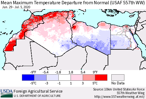 North Africa Mean Maximum Temperature Departure from Normal (USAF 557th WW) Thematic Map For 6/29/2020 - 7/5/2020