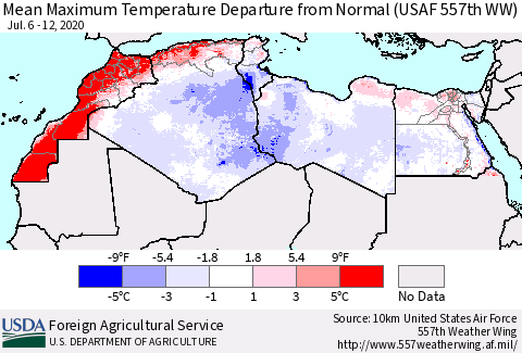 North Africa Mean Maximum Temperature Departure from Normal (USAF 557th WW) Thematic Map For 7/6/2020 - 7/12/2020