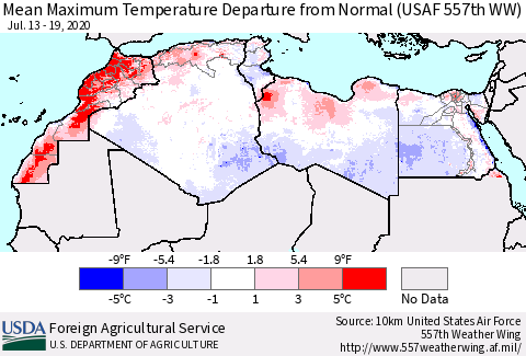 North Africa Mean Maximum Temperature Departure from Normal (USAF 557th WW) Thematic Map For 7/13/2020 - 7/19/2020