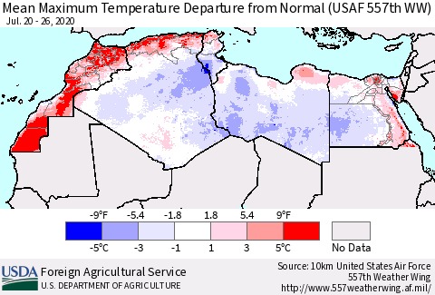 North Africa Mean Maximum Temperature Departure from Normal (USAF 557th WW) Thematic Map For 7/20/2020 - 7/26/2020