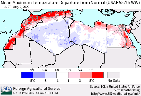 North Africa Mean Maximum Temperature Departure from Normal (USAF 557th WW) Thematic Map For 7/27/2020 - 8/2/2020