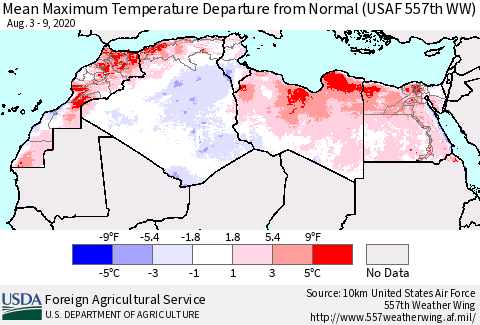 North Africa Mean Maximum Temperature Departure from Normal (USAF 557th WW) Thematic Map For 8/3/2020 - 8/9/2020