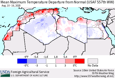 North Africa Mean Maximum Temperature Departure from Normal (USAF 557th WW) Thematic Map For 8/10/2020 - 8/16/2020
