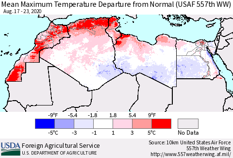 North Africa Mean Maximum Temperature Departure from Normal (USAF 557th WW) Thematic Map For 8/17/2020 - 8/23/2020