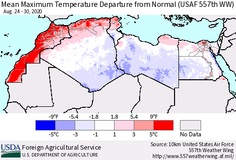 North Africa Mean Maximum Temperature Departure from Normal (USAF 557th WW) Thematic Map For 8/24/2020 - 8/30/2020