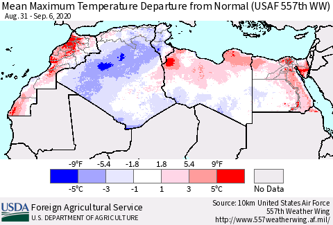 North Africa Mean Maximum Temperature Departure from Normal (USAF 557th WW) Thematic Map For 8/31/2020 - 9/6/2020