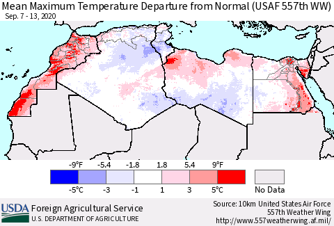 North Africa Mean Maximum Temperature Departure from Normal (USAF 557th WW) Thematic Map For 9/7/2020 - 9/13/2020